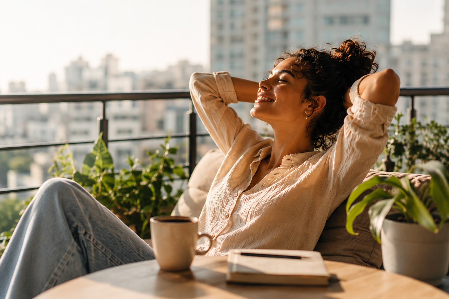 Someone relaxing on a balcony in afternoon light