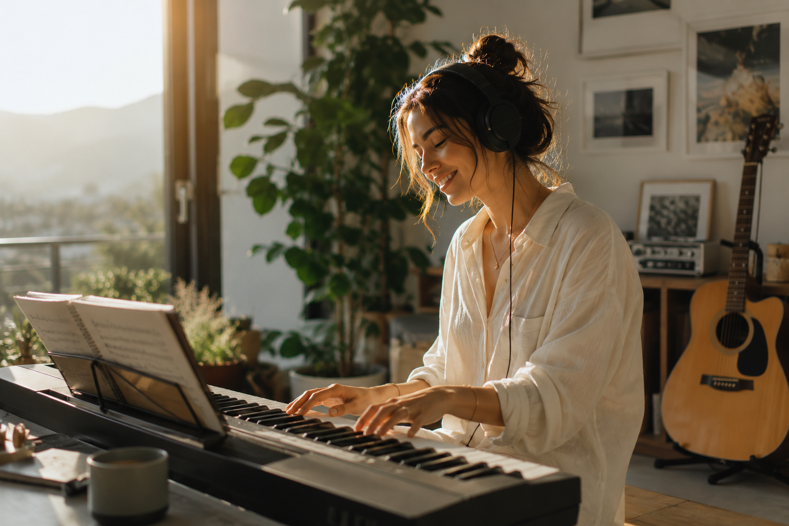 Someone playing piano in warm afternoon light