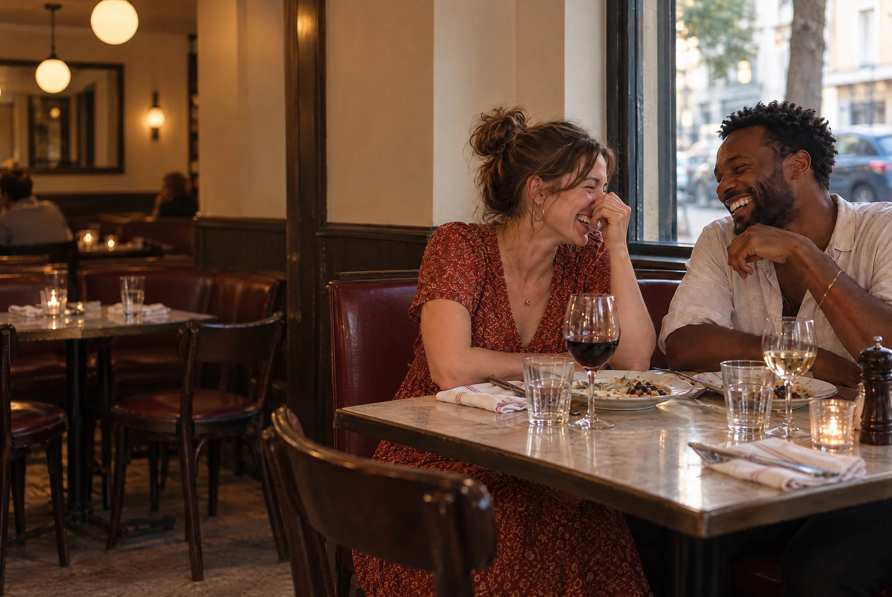 A couple sharing a laugh over dinner at a neighbourhood bistro