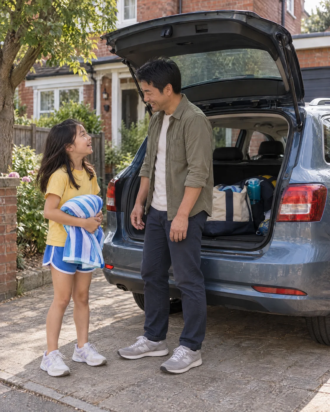 A father and daughter sharing a smile as they pack for a swim beside their car