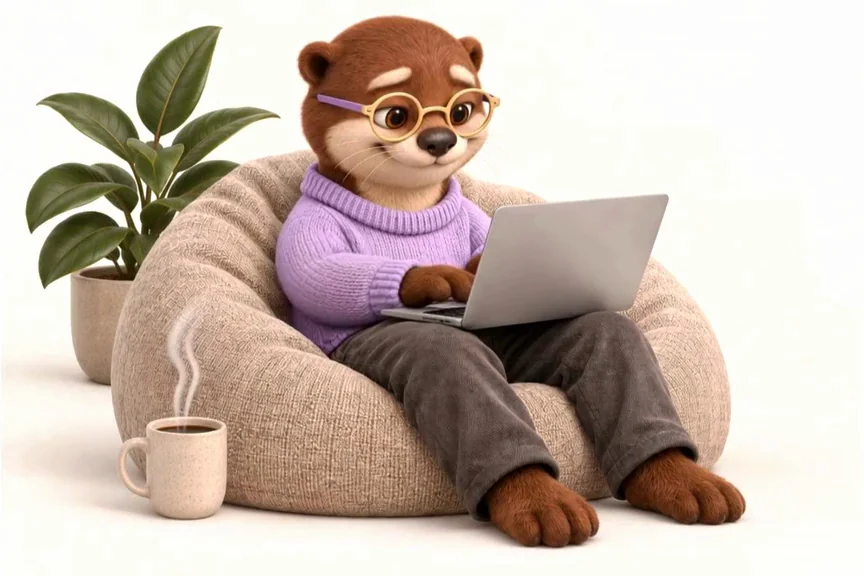 Fred relaxed in a beanbag, quietly typing on his laptop beside a steaming coffee and a green plant