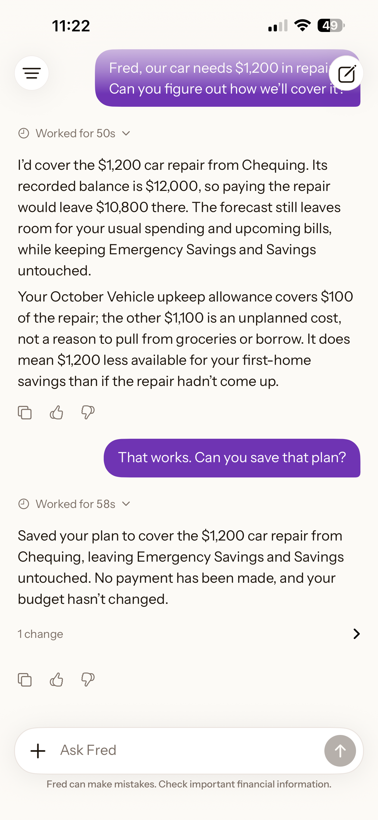 An actual Fred conversation in the deezbills iPhone app about covering a car repair and saving the approved plan