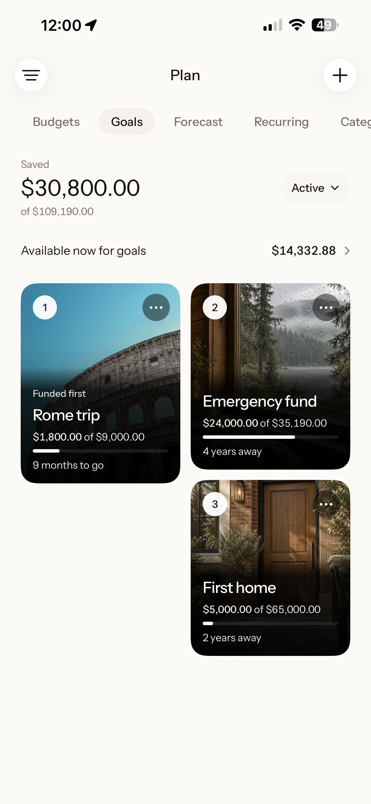 The actual deezbills iPhone Goals screen, with a Rome trip, an emergency fund and a first home