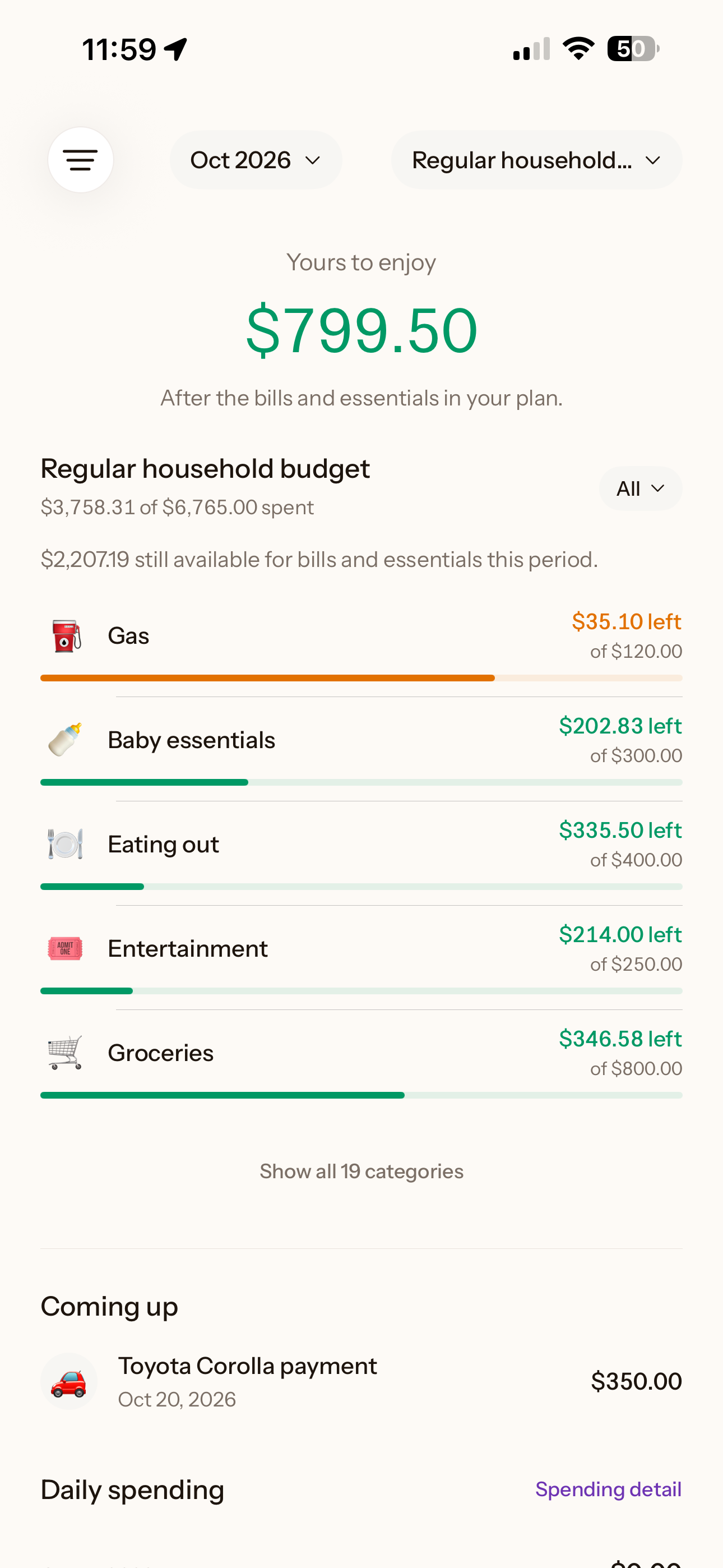 The actual deezbills iPhone Pulse screen, showing money to enjoy, the household budget and upcoming bills