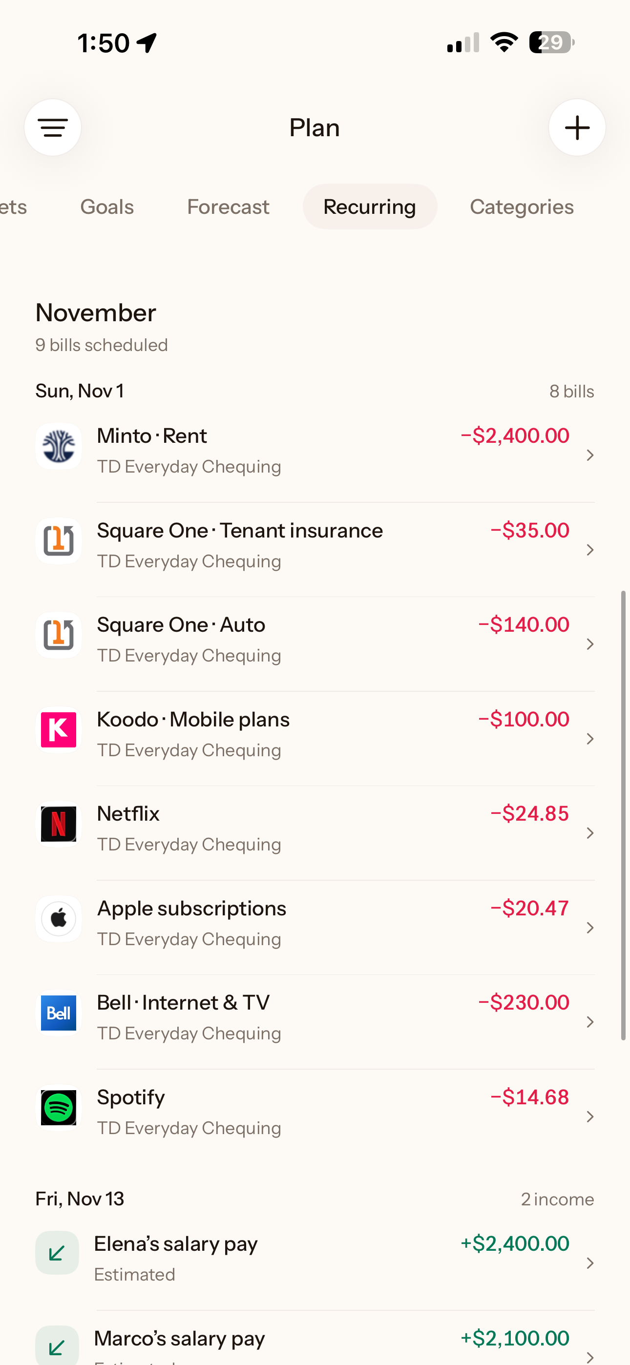The actual deezbills iPhone recurring calendar with rent, insurance, subscriptions and salary pay dates