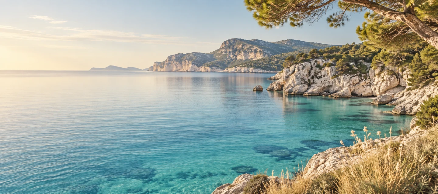 A quiet Mediterranean cove in warm evening light