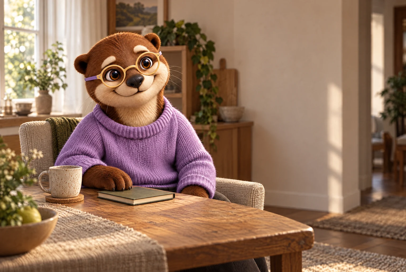 Fred listening at a sunlit oak table with a notebook and coffee, in an imagined conversation