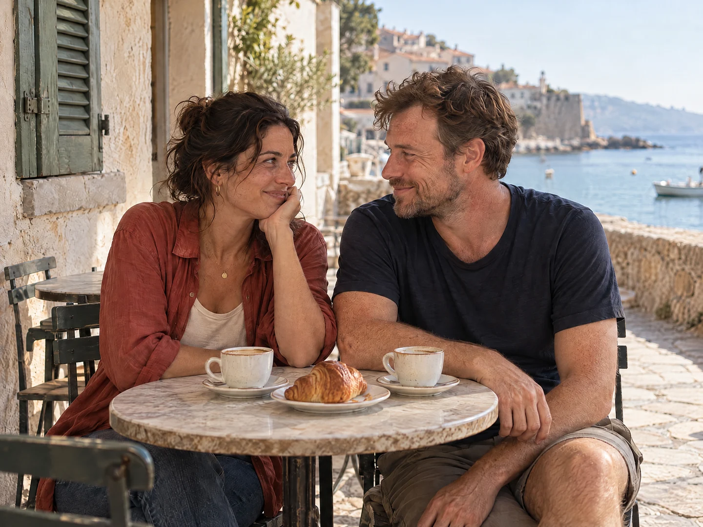 A couple sharing coffee and a smile on a sunlit seaside café terrace