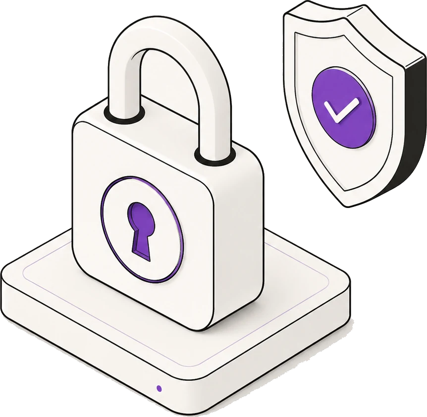 A padlock closed on a plinth, beside a shield with a check mark